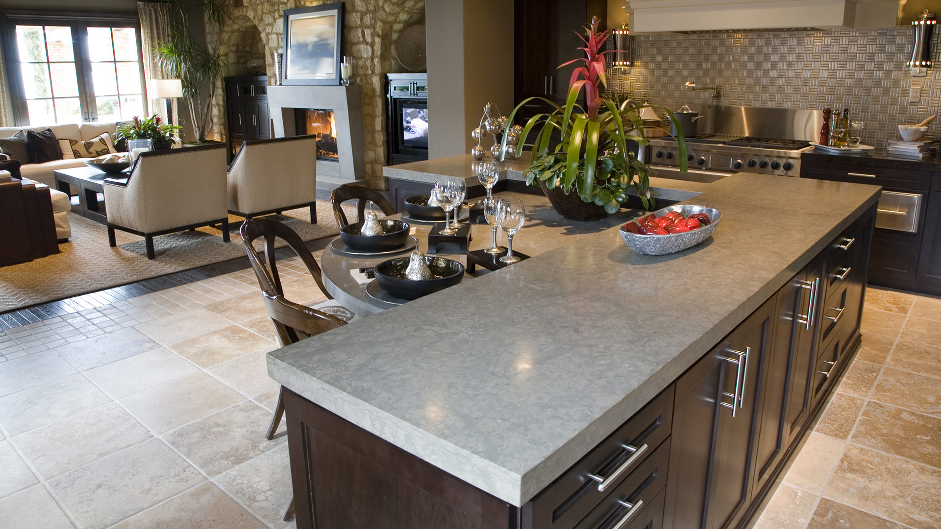 Modern kitchen with tile floor and island