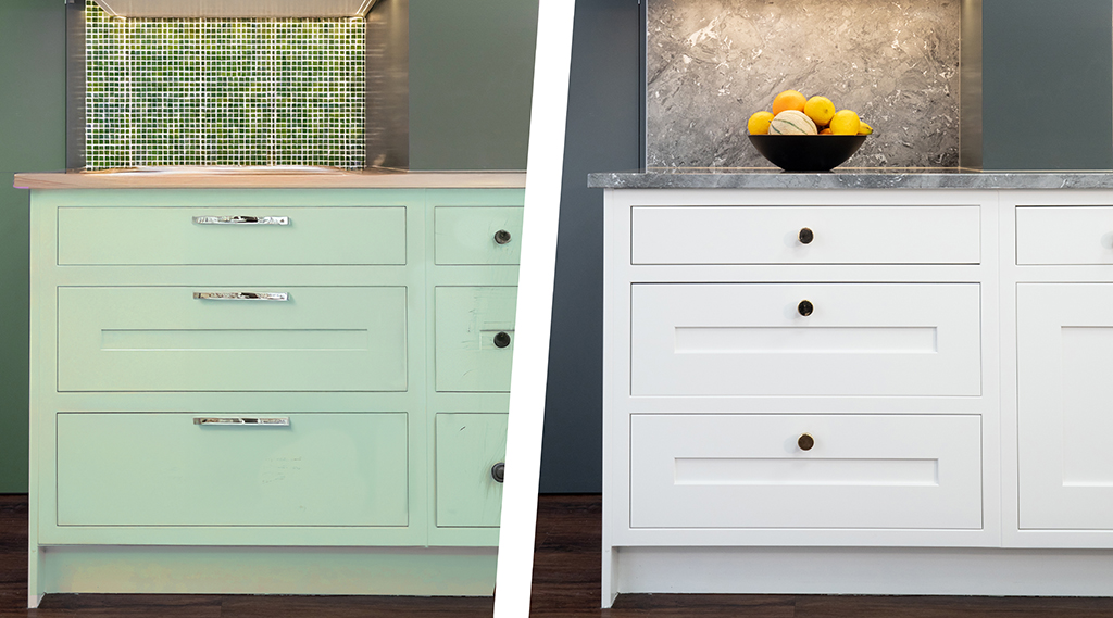 Tired green kitchen cupboard refreshed with white paint and new handles
